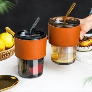 Bamboo Joint Glass Cup with Lid & Straw | 13oz Can-Shaped Tumbler with Leather Sleeve