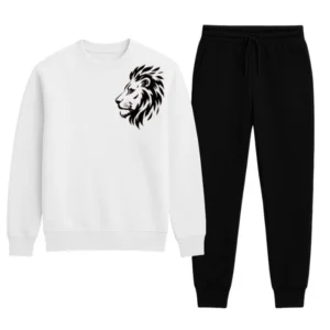 LION Printed White Tracksuit Sweatshirt & Trouser  | Warm & Comfortable Winter Wear | Large