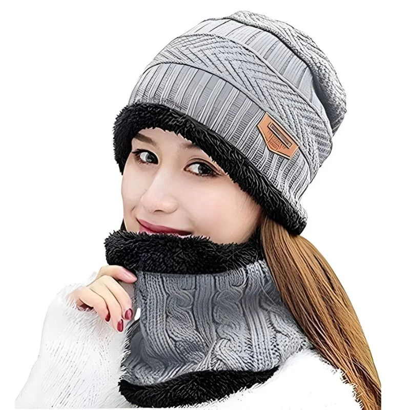 Winter Wool Cap with Neck Warmer Set | Thermal Beanie & Scarf Combo for Men and Women | Gray - Image 3