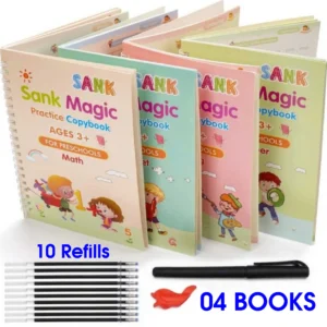 4 in 1 Sank Magic Book | Reusable Magic Practice Copy Book | 4 books + 1 Pen + 10 Refills +1 Grip